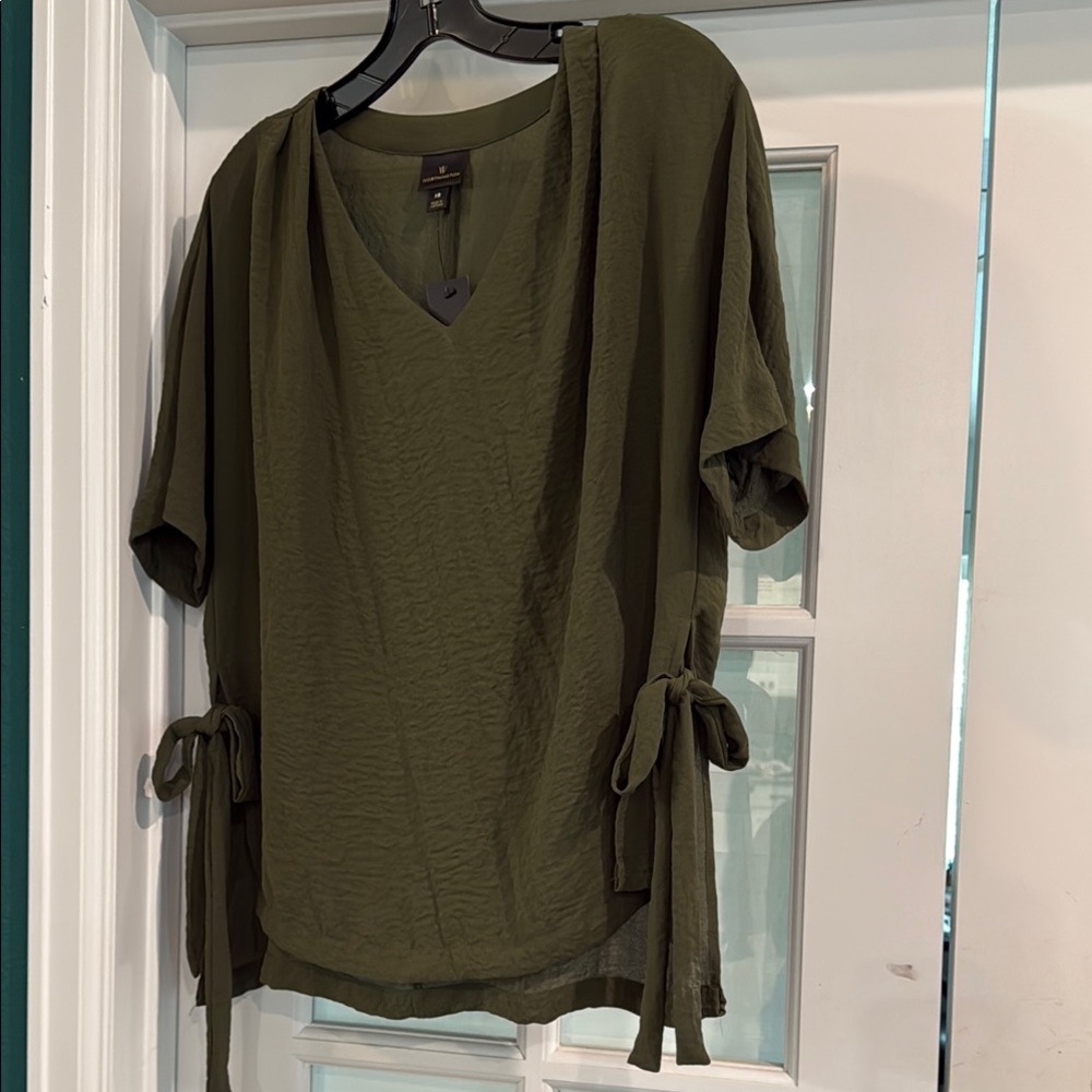Worthington Avocado-Green Short Sleeve Side-Tie Blouse